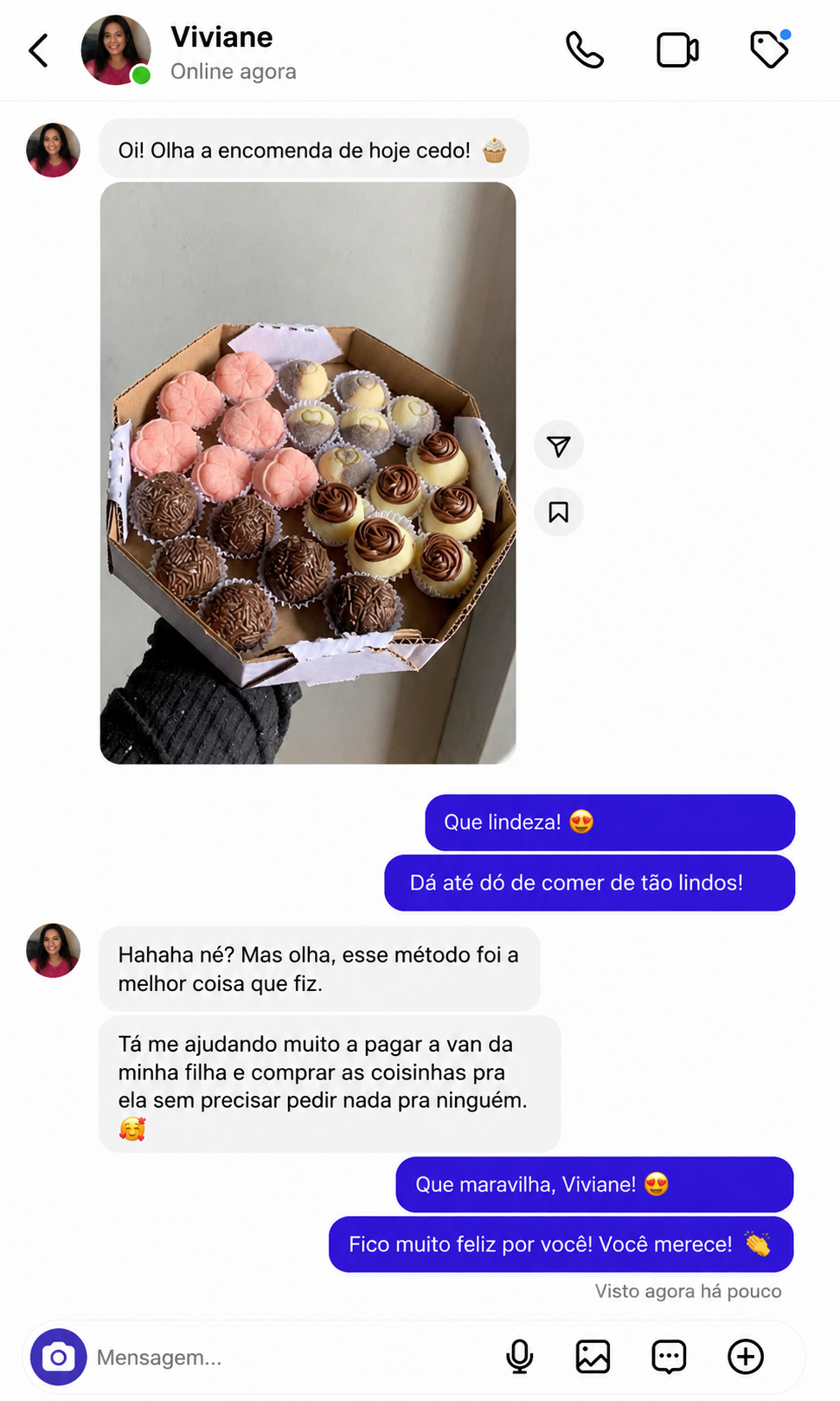 Depoimento de Viviane no WhatsApp com encomenda de brigadeiros gourmet
