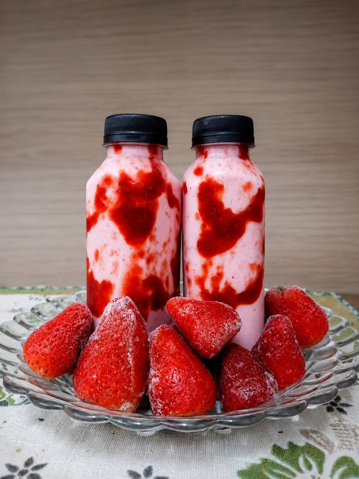 Garrafinhas de creme de morango com morangos