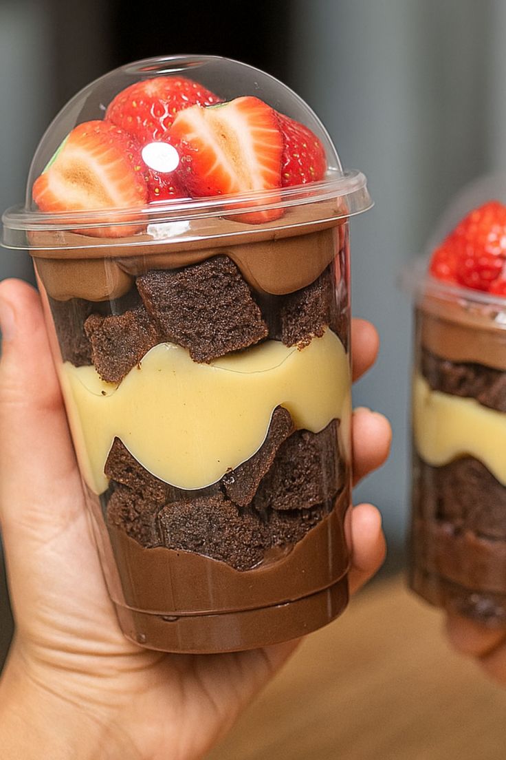 Copo da felicidade com brownie, creme e morangos