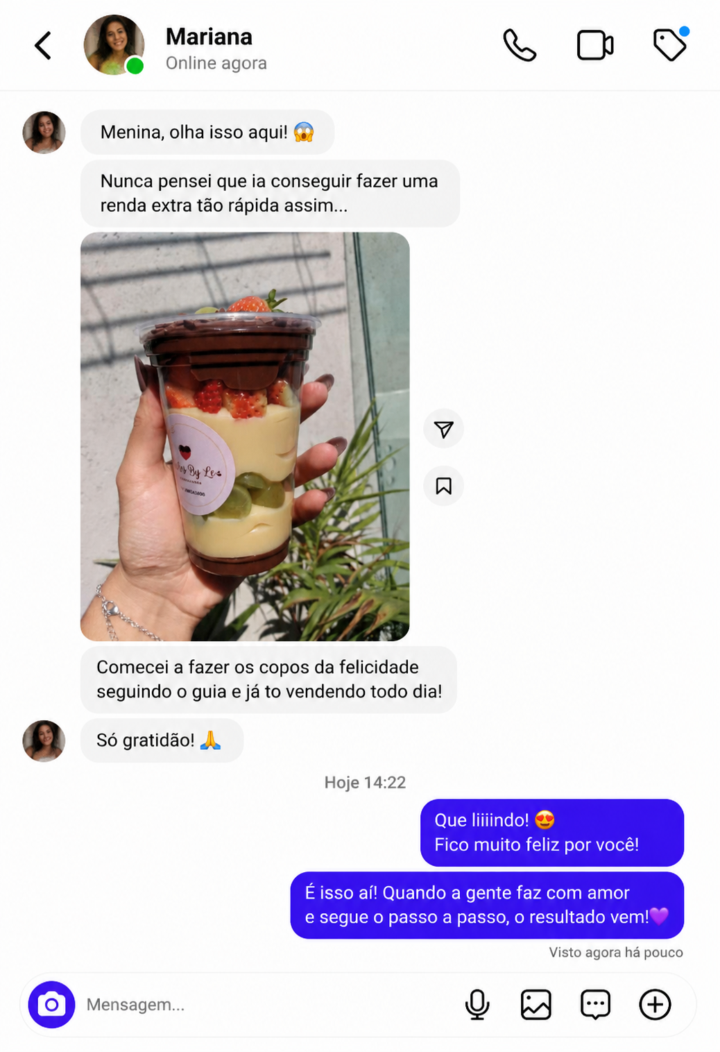 Depoimento de Mariana no WhatsApp vendendo copos da felicidade
