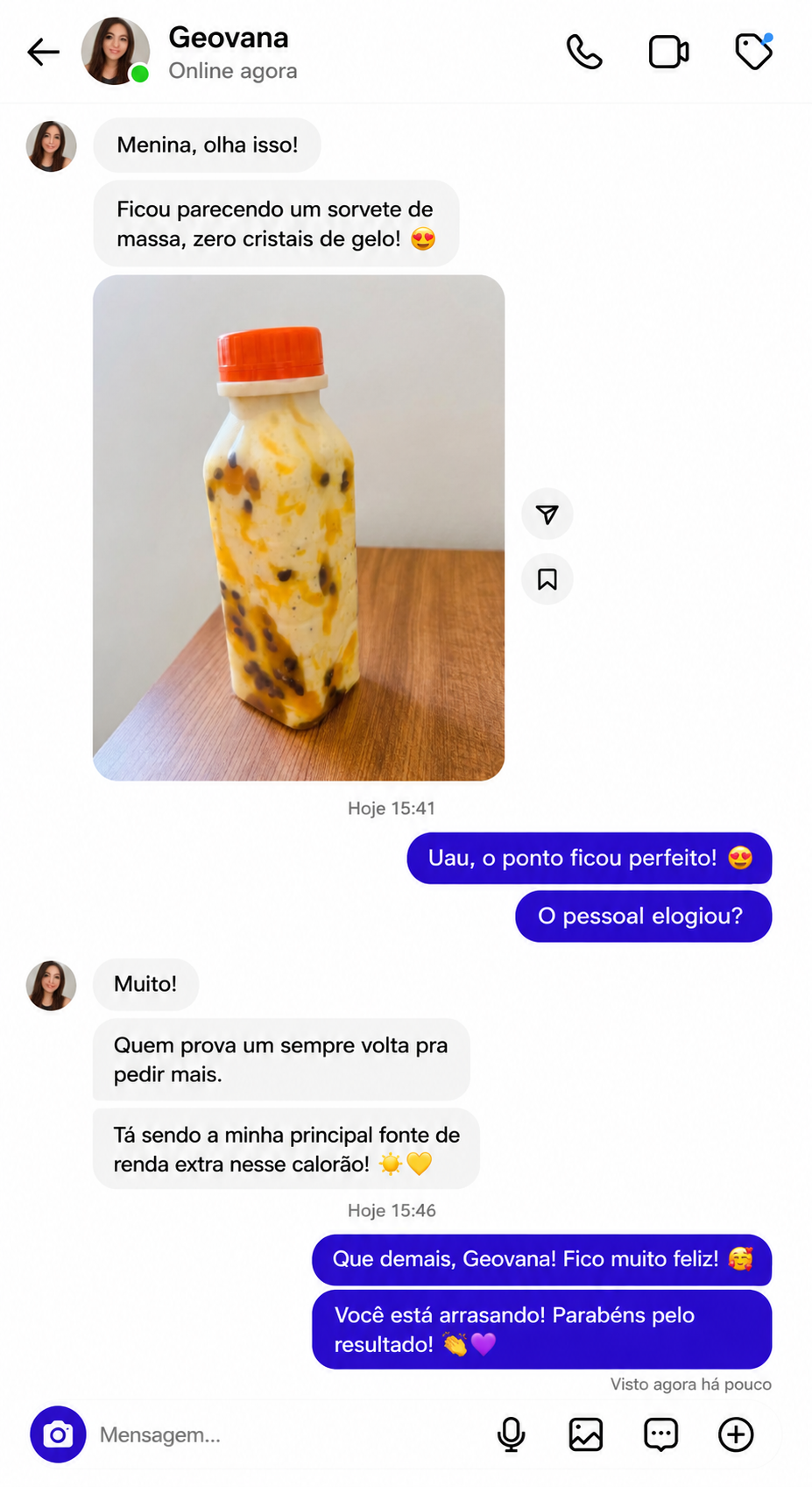 Depoimento de Geovana no WhatsApp sobre vender garrafinhas de maracujá