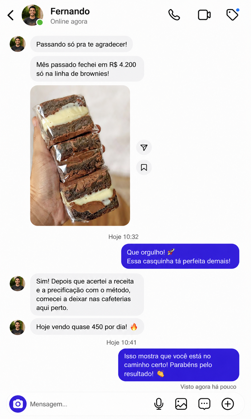Depoimento de Fernando no WhatsApp faturando R$ 4.200 com brownies